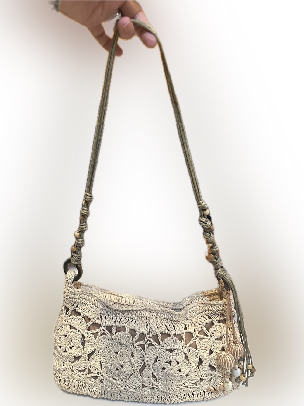 BOHO CREAM WHITE NATURAL CROCHET SHOULDER BAG PURSE LIGHT WEIGHT ISLAND TRAVEL